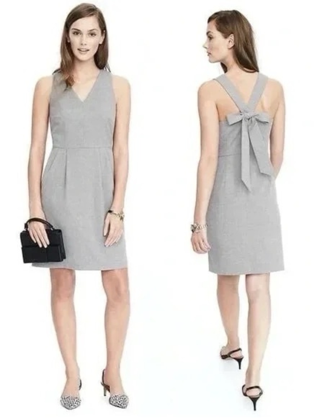 Banana Republic Light Gray Sleeveless V-Back Mini Dress with Bow